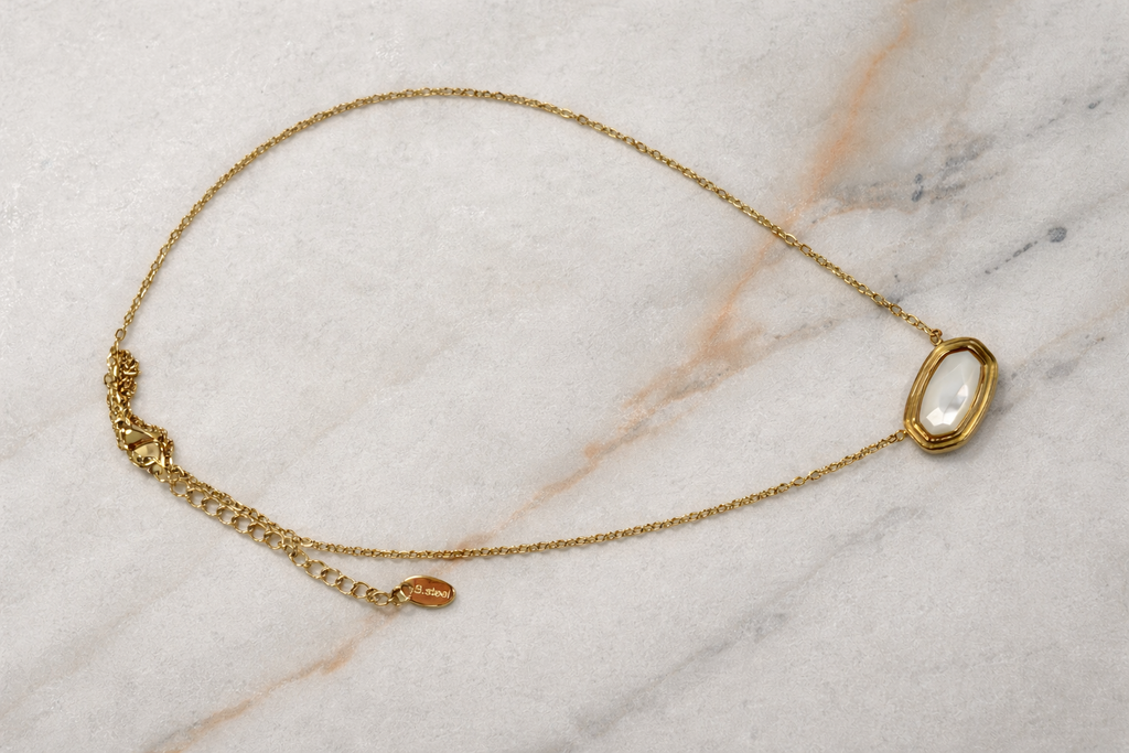 Clear Glass Pendant Necklace 18K Gold PVD over Stainless Steel