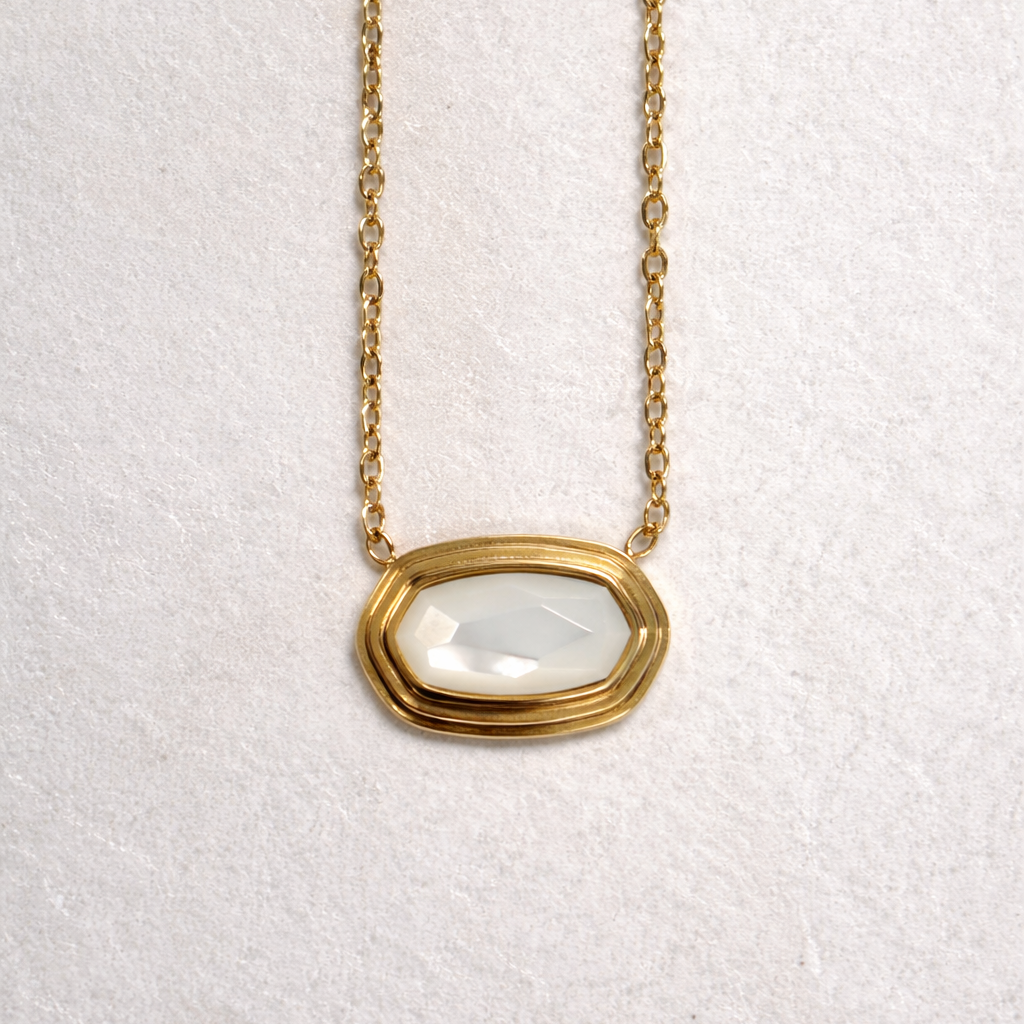 Clear Glass Pendant Necklace 18K Gold PVD over Stainless Steel