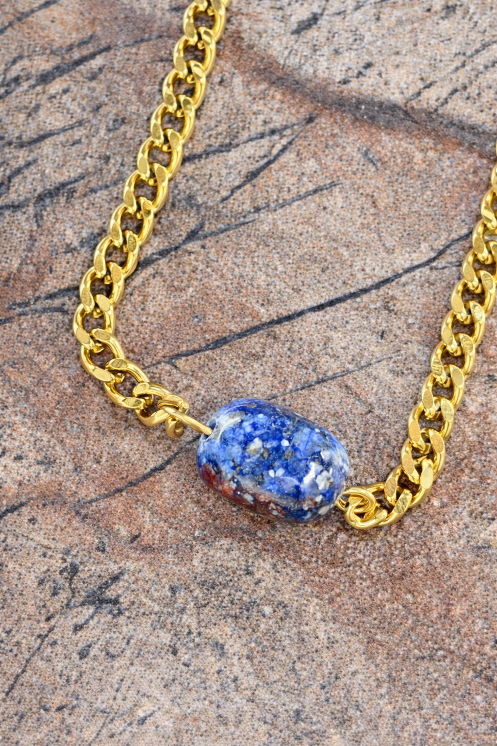 Blue Stone Chain Necklace Natural Stone & 18K Gold PVD Stainless Steel