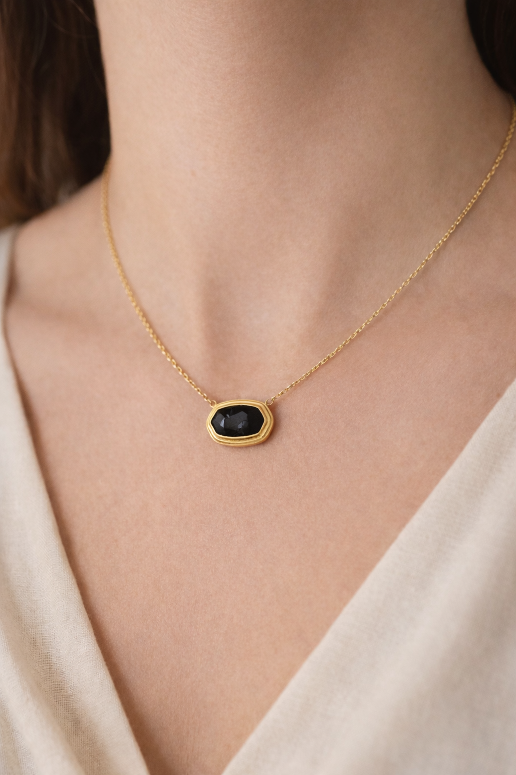 Black Agate Pendant Necklace 18K Gold PVD over Stainless Steel