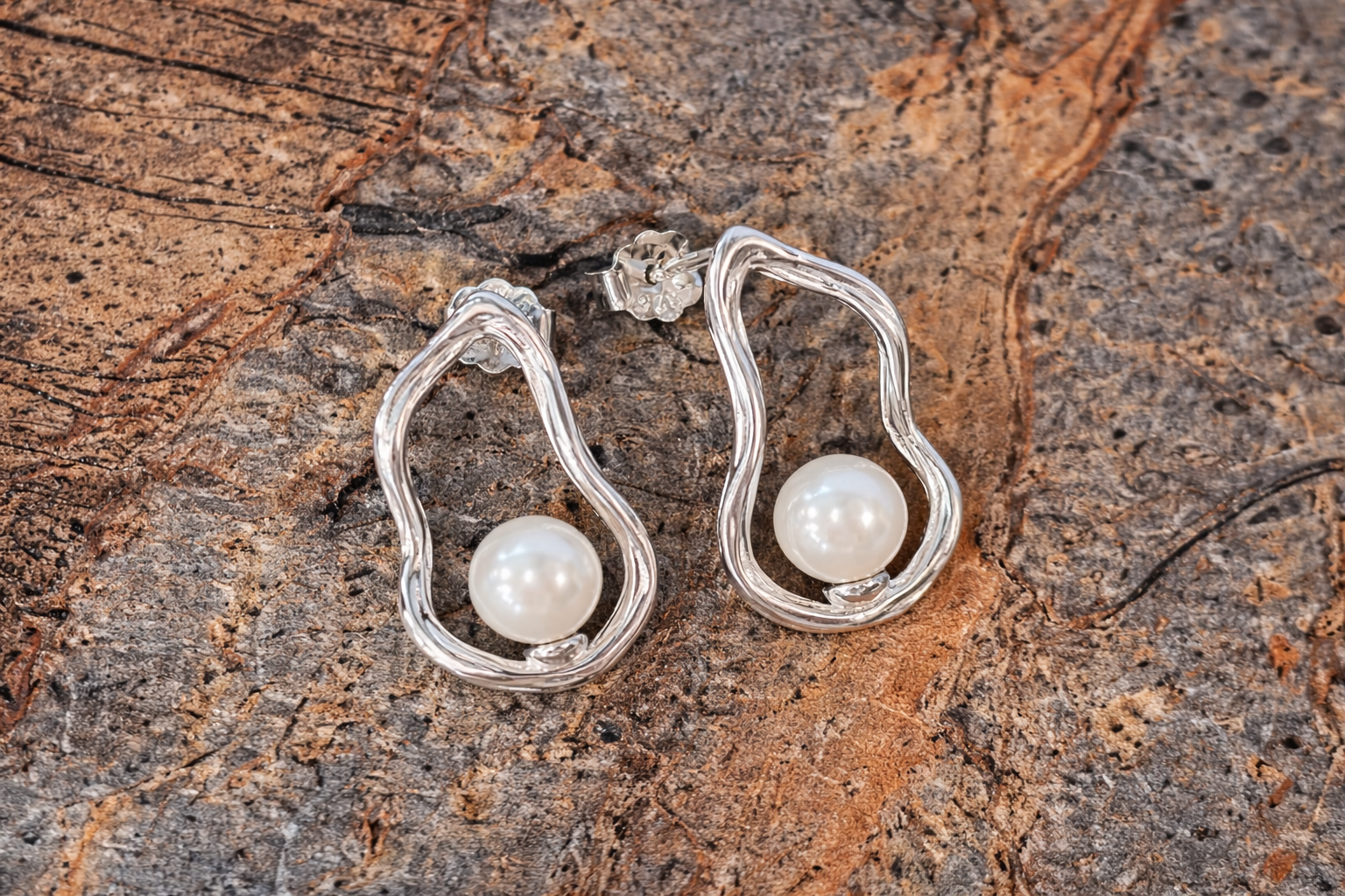 The Aurelia Abstract Silver Pearl Earrings